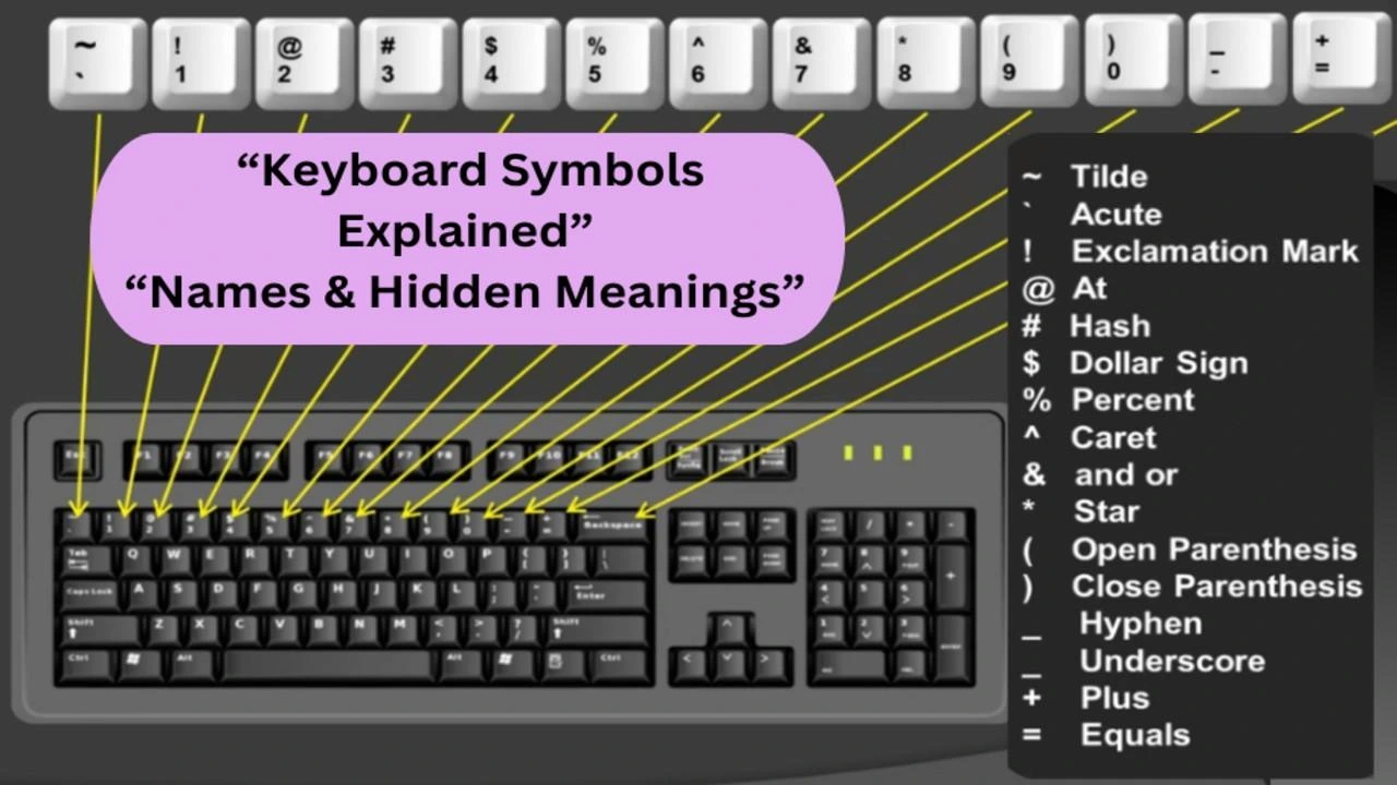 Keyboard symbols chart showing number row keys with symbols like tilde, exclamation mark, at sign, hash, dollar, percent, caret, ampersand, star, parentheses, hyphen, underscore, plus, and equals mapped on a full keyboard