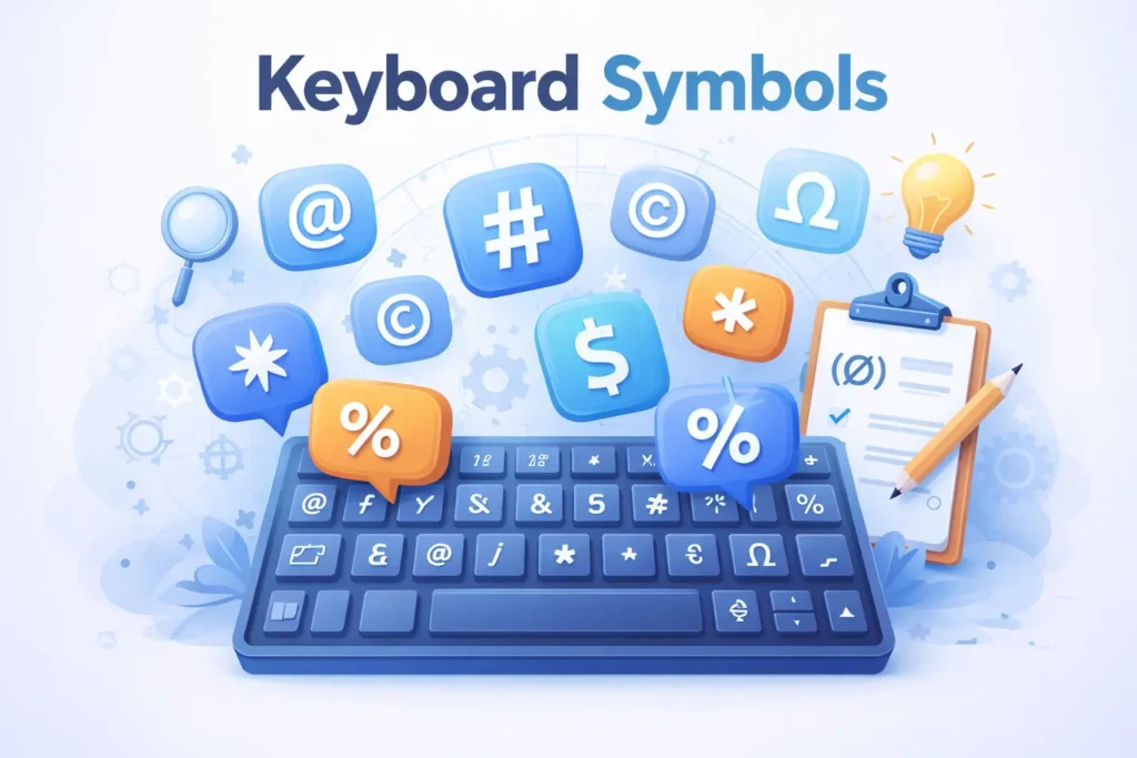 *Keyboard symbols illustration showing common symbols like @, #, %, $, , © and Ω on a computer keyboard.