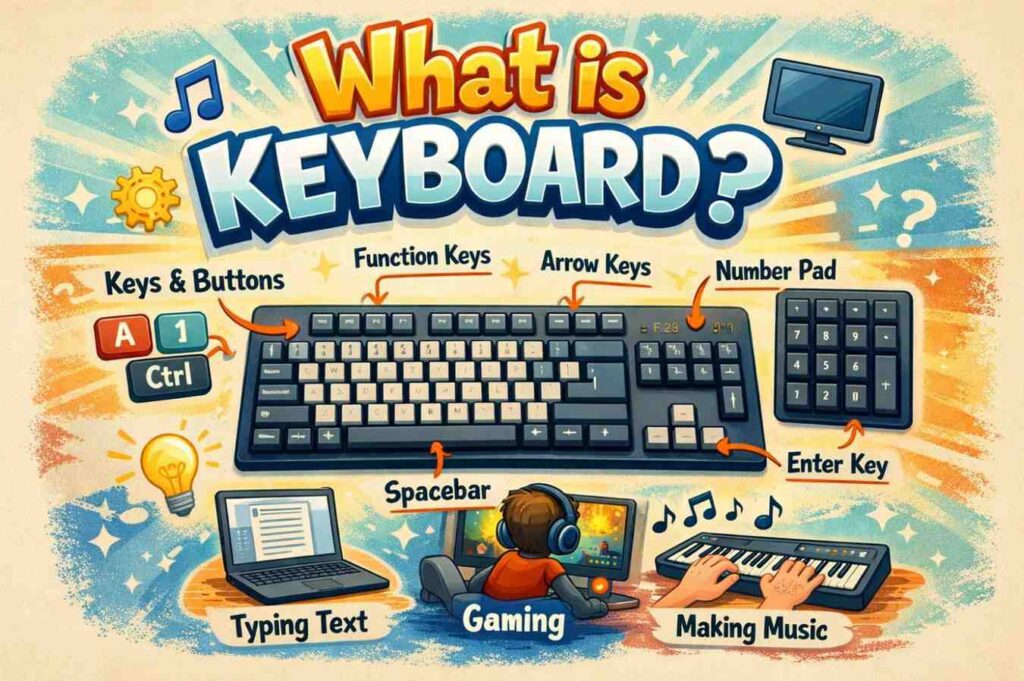 Colorful illustration showing a computer keyboard with labeled parts like function keys, arrow keys, number pad, and examples of typing, gaming, and music use.