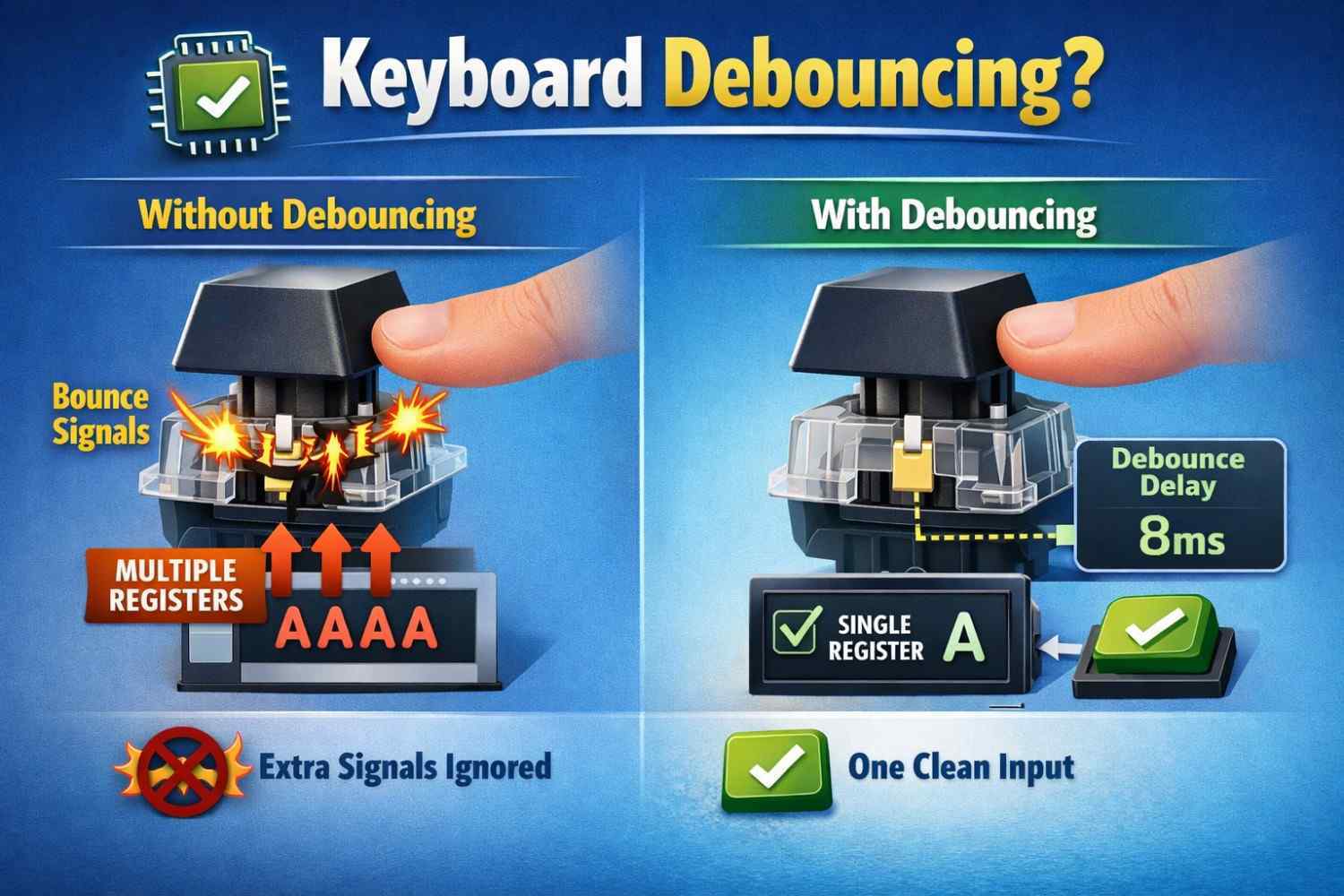Digital illustration showing keyboard debouncing. On the left, a key is pressed without debouncing, causing multiple bounce signals and repeated letters on the screen labeled 'Without Debouncing'. On the right, the same key press with debouncing shows a single clean input, an 8ms debounce delay, and only one letter registered on the screen labeled 'With Debouncing'. Extra signals are ignored, highlighting how debounce ensures accurate key presses.