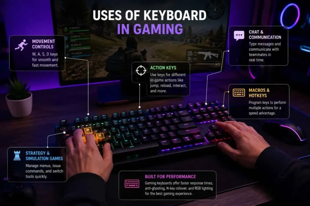 Uses of a keyboard in gaming showing WASD movement controls, action keys, chat, macros, and gaming keyboard features.