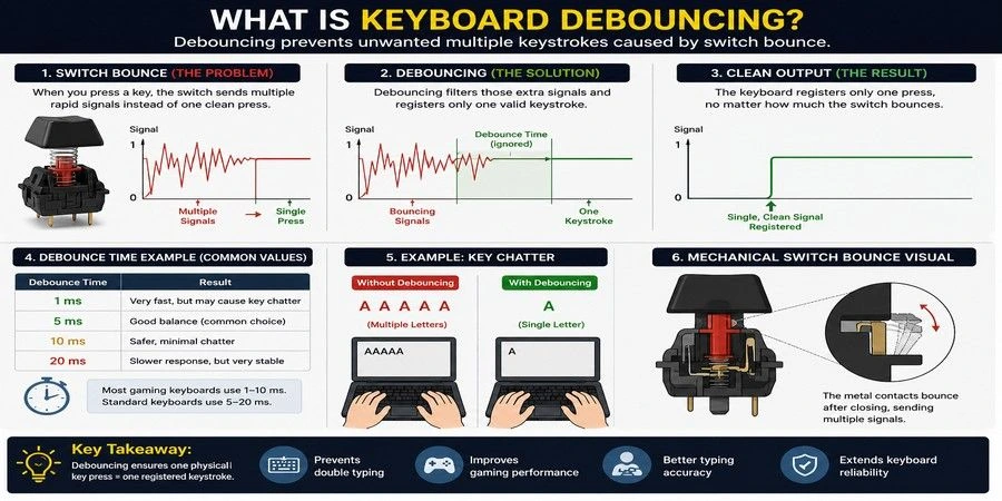 What is keyboard debouncing infographic showing switch bounce, debounce time, and key chatter prevention