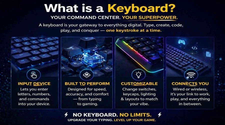 What is a keyboard infographic showing mechanical keyboard features, including input device functions, typing performance, customization options, and wired or wireless connectivity.