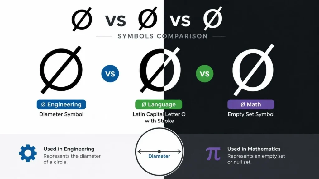 Comparison infographic of ⌀, Ø, and ∅ symbols with engineering, language, and math meanings and a central diameter diagram.