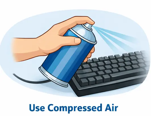 Using compressed air to remove dust from a mechanical keyboard.
