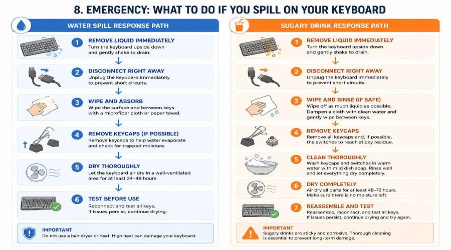 Mechanical keyboard cleaning spill guide infographic comparing water spill recovery steps versus sugary drink spill cleanup and drying procedures.