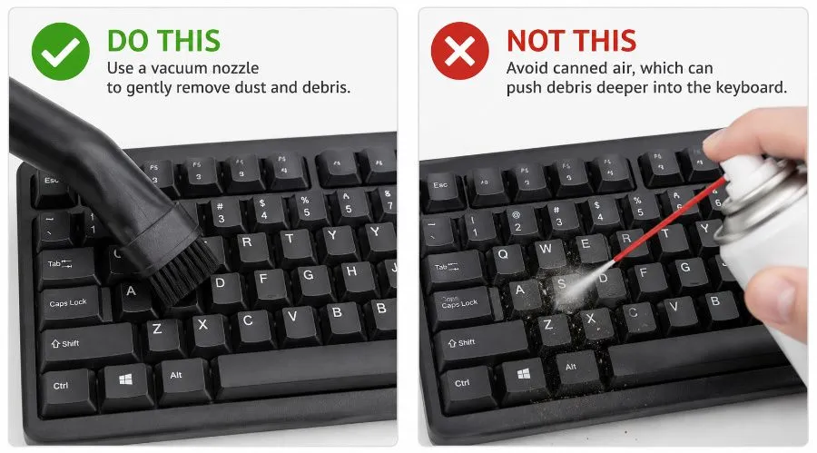 Side-by-side comparison showing a vacuum nozzle safely cleaning a keyboard versus canned air spraying debris into the keys, labeled “DO THIS” and “NOT THIS.”
