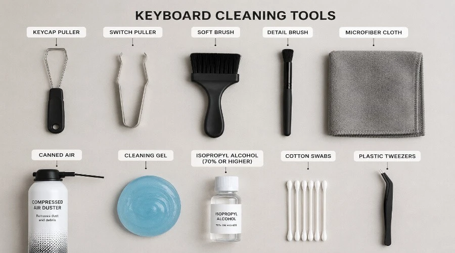 Flat lay of mechanical keyboard cleaning tools including keycap puller, switch puller, brushes, microfiber cloth, and compressed air on a neutral background