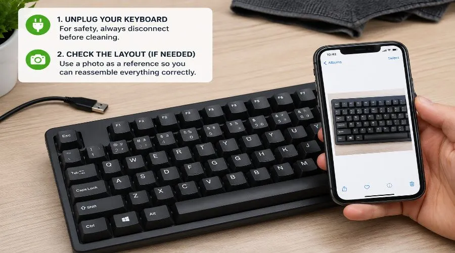 Mechanical keyboard cleaning setup with unplugged keyboard and visible USB cable beside a smartphone showing a keyboard layout photo for keycap reference during cleaning.