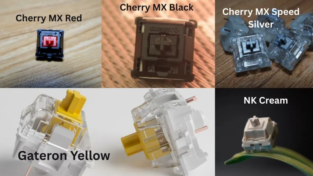 Linear mechanical keyboard switches comparison: Cherry MX Red, Cherry MX Black, Gateron Yellow, Cherry MX Speed Silver, and NK Cream