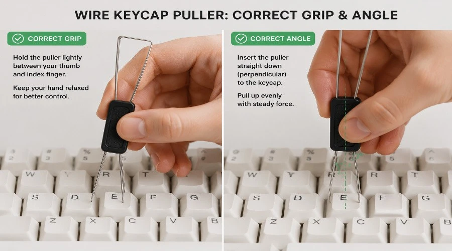 Hands using a wire keycap puller with correct grip and angle on a mechanical keyboard for safe keycap removal and keyboard cleaning
