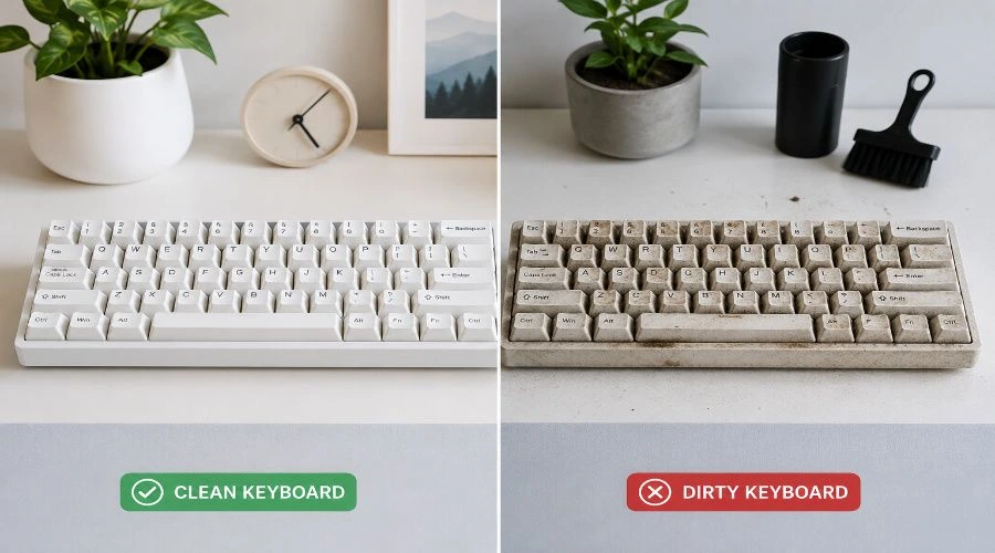 Clean vs dirty mechanical keyboard comparison on a desk showing why regular mechanical keyboard cleaning is important for performance and hygiene