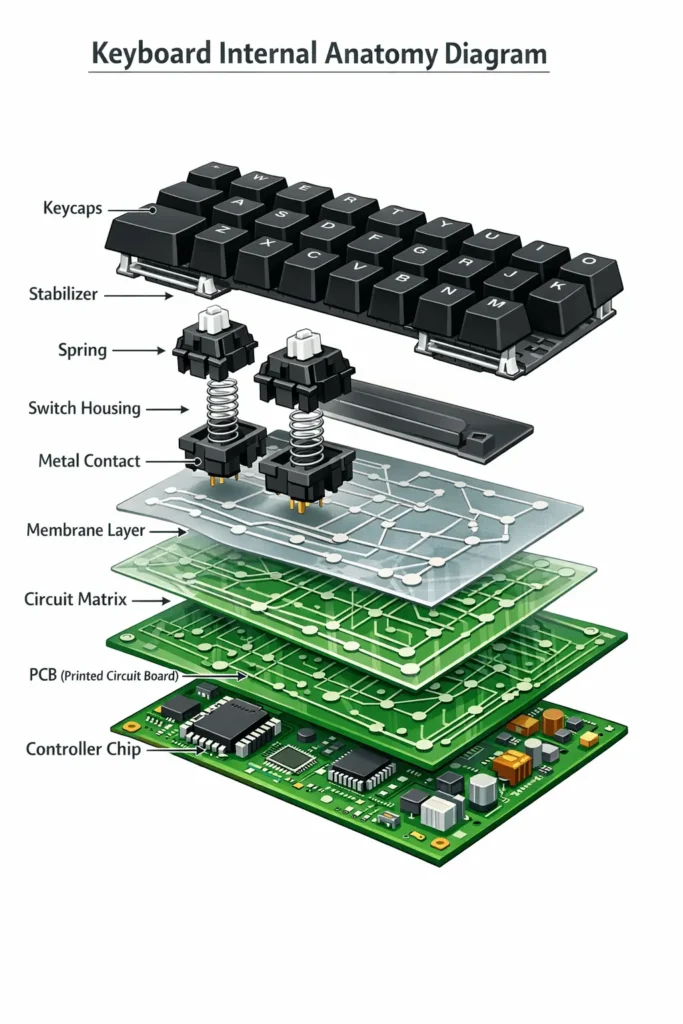 Exploded view of a keyboard’s internal anatomy showing keycaps, stabilizers, springs, switch housing, metal contacts, membrane layer, circuit matrix, PCB (Printed Circuit Board), and controller chip, with each component labeled for educational purposes.