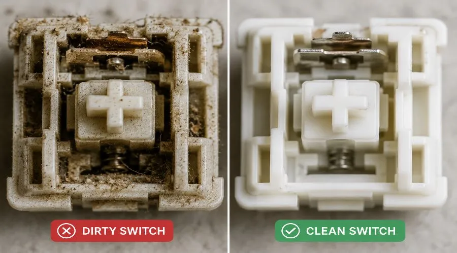 Macro close-up of dirty vs clean mechanical keyboard switch housing interior showing dust buildup and proper keyboard switch cleaning results