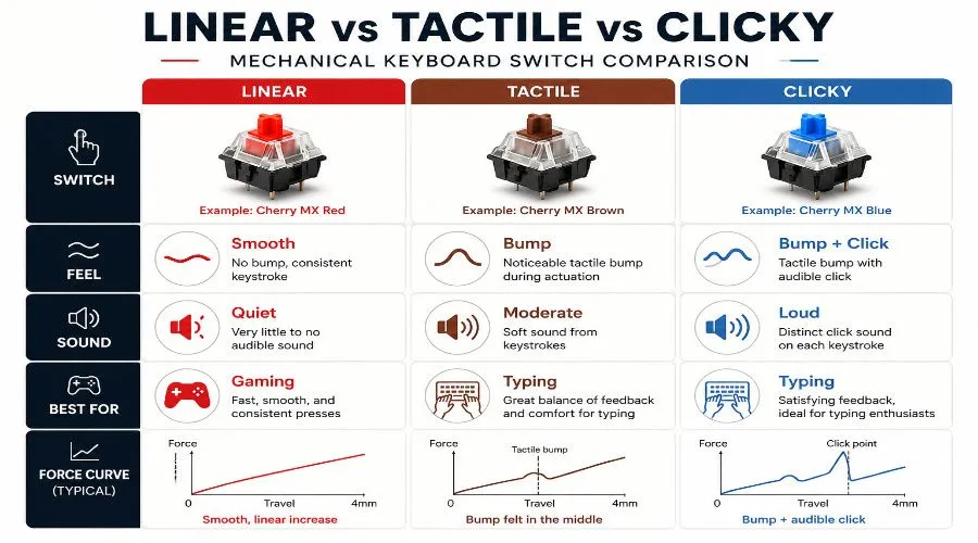 Linear vs tactile vs clicky mechanical keyboard switches comparison