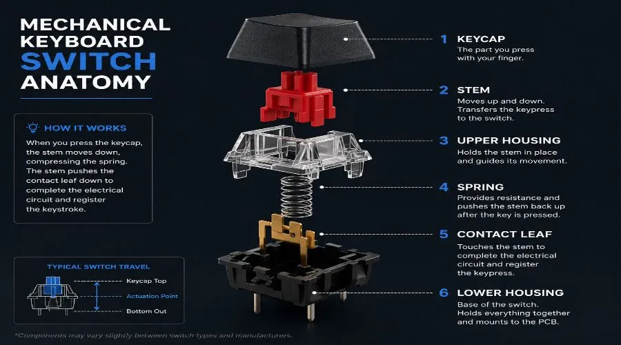 Mechanical keyboard switch anatomy showing stem spring housing and contact leaf