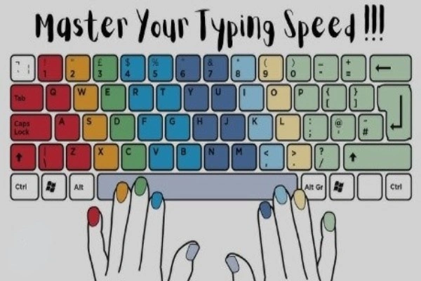 Hands typing on colorful keyboard for online typing speed test