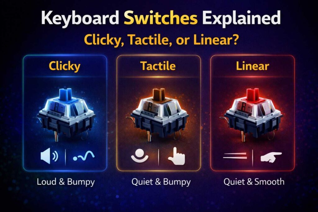 Keyboard switches explained infographic comparing clicky tactile and linear switches with sound and feel differences