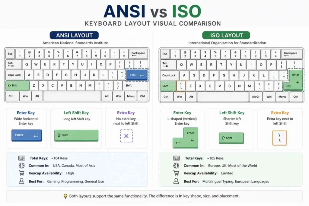 ANSI vs ISO keyboard layout comparison showing Enter key and Shift differences.