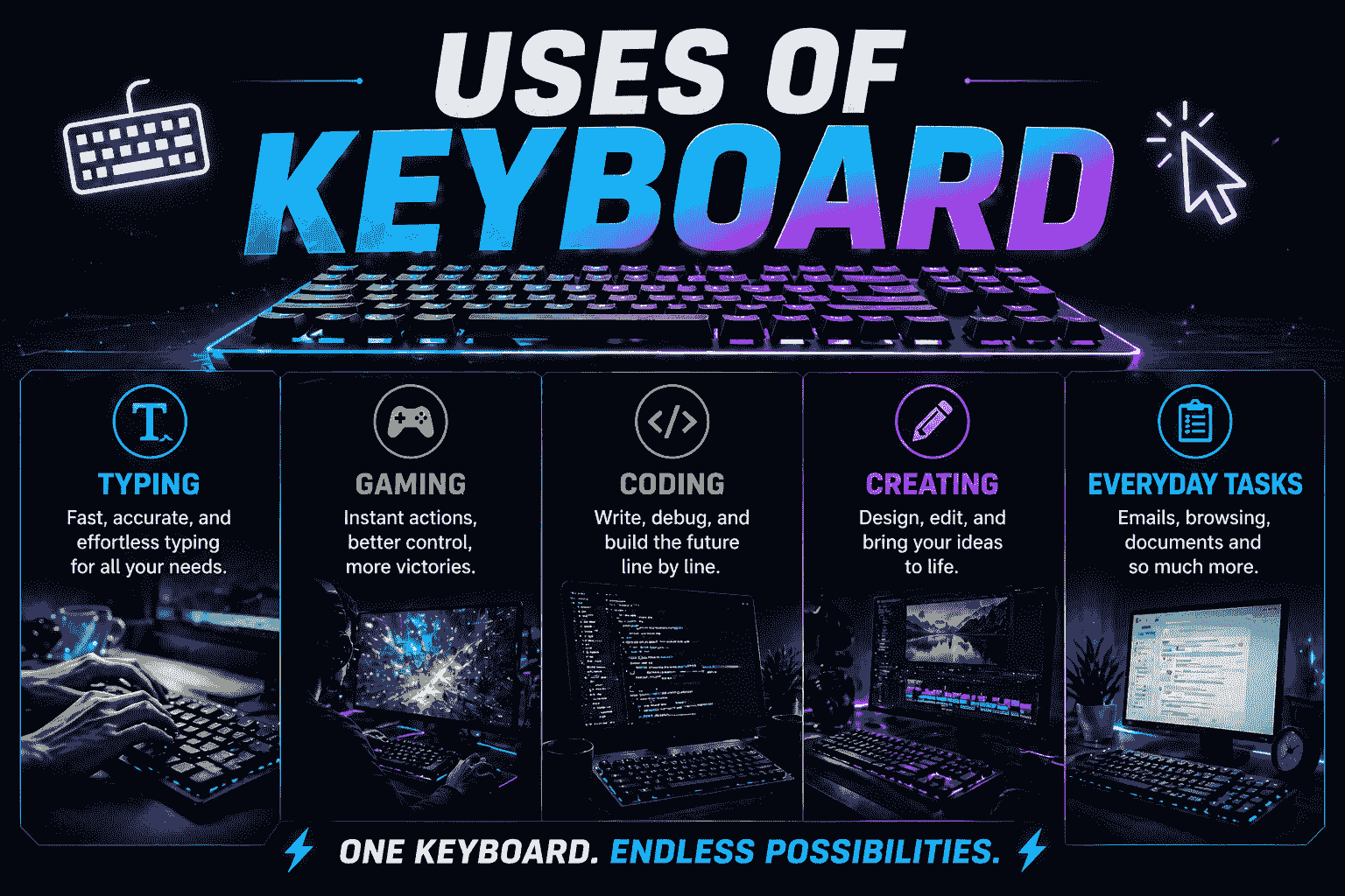 Uses of keyboard showing typing, gaming, coding, and daily computer tasks with modern keyboard setup