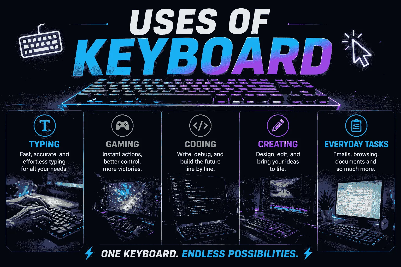 Uses of keyboard showing typing, gaming, coding, and daily computer tasks with modern keyboard setup
