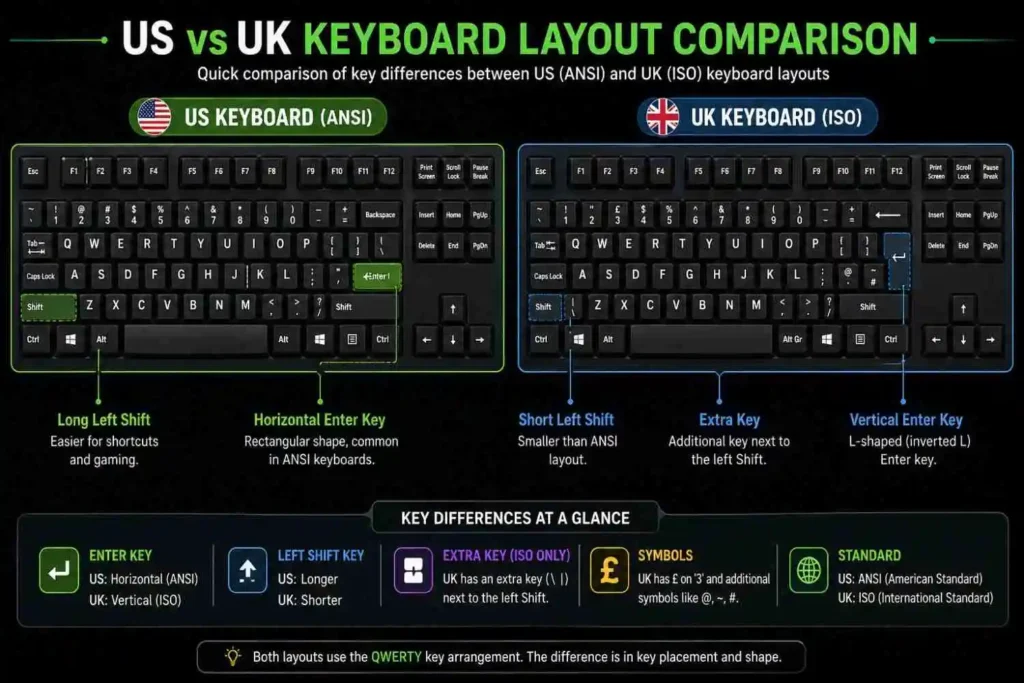 US vs UK keyboard layout comparison showing ANSI and ISO differences including Enter key shape, Shift key size, and symbol placement