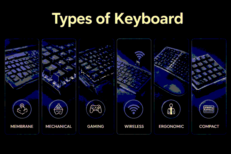 Types of keyboard infographic showing membrane, mechanical, gaming, wireless, ergonomic, and compact keyboard types