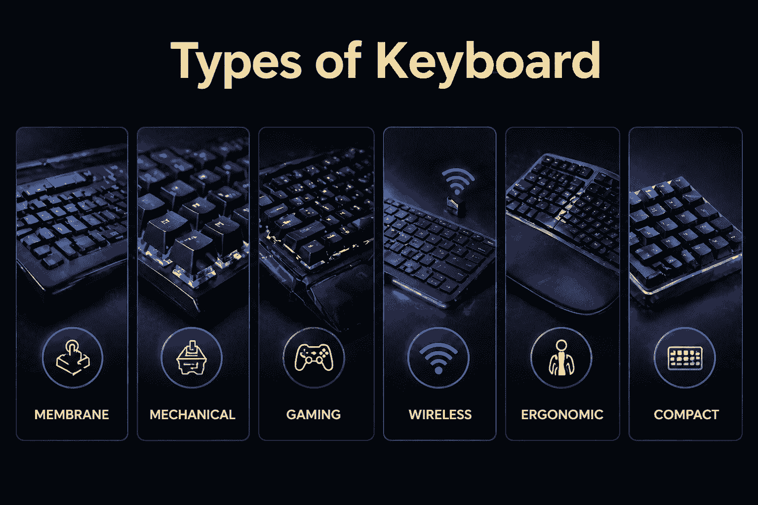 Types of keyboard infographic showing membrane, mechanical, gaming, wireless, ergonomic, and compact keyboard types