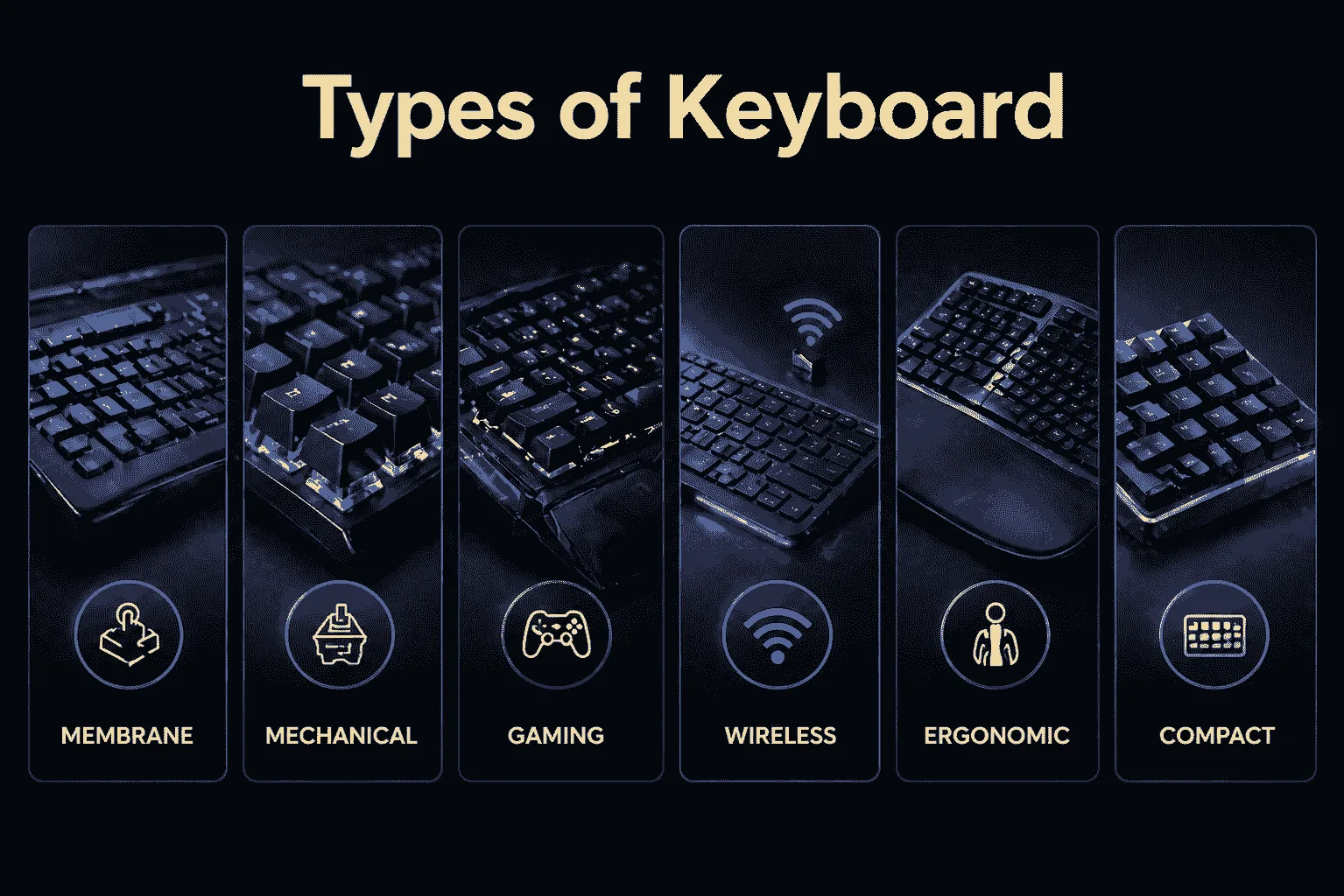Types of keyboard infographic showing membrane, mechanical, gaming, wireless, ergonomic, and compact keyboard types