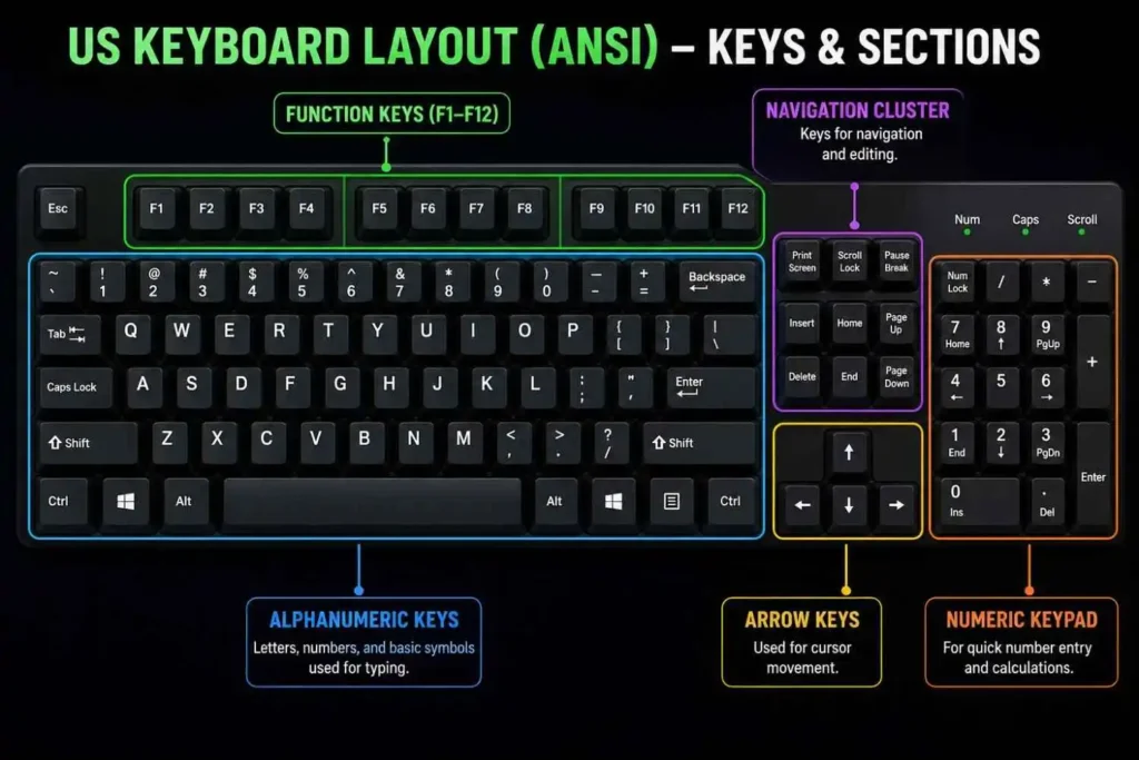 US keyboard layout diagram showing labeled key sections including function keys, alphanumeric keys, navigation cluster, arrow keys, and numeric keypad (ANSI layout)