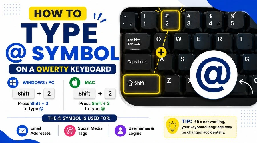 how to type @ symbol on keyboard — press Shift + 2 on Windows and Mac