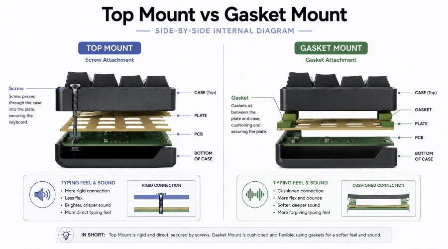 Top Mount vs Gasket Mount keyboard internal diagram showing screw-mounted rigid structure on the left and gasket-mounted cushioned structure on the right with typing feel and sound comparison.