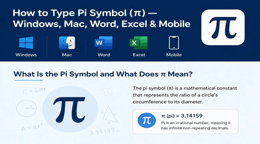 Educational infographic explaining the Pi symbol (π) meaning and how to type π on Windows, Mac, Word, Excel, and mobile devices.