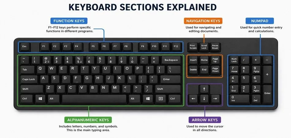 Keyboard Layout diagram showing the different sections of a computer keyboard