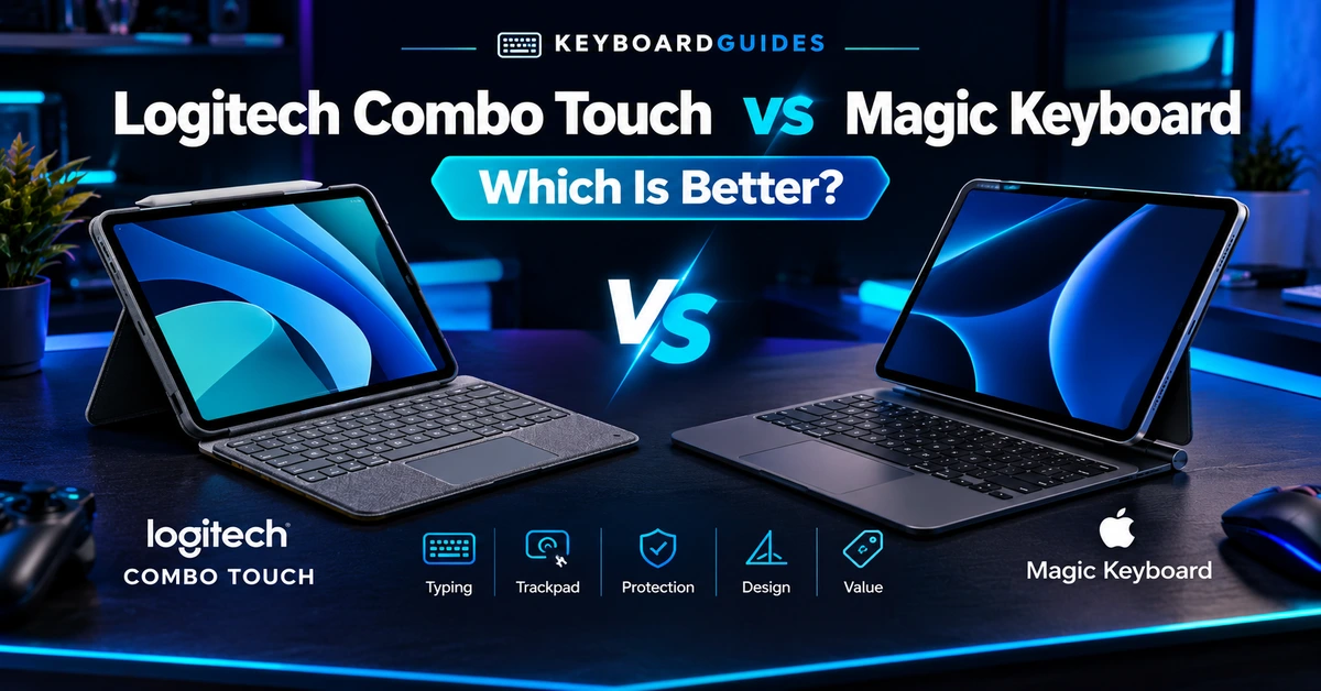 Logitech Combo Touch vs Magic Keyboard comparison showing two iPad keyboard cases in a modern RGB tech setup.