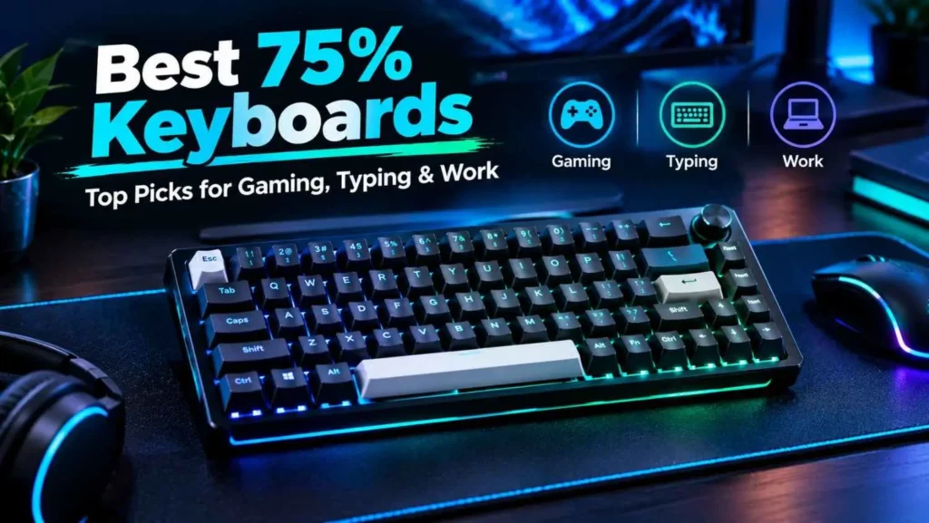 Best 75% keyboards for gaming, typing, and work, featuring a compact RGB mechanical keyboard with dedicated function keys and arrow keys on a dark gaming desk.