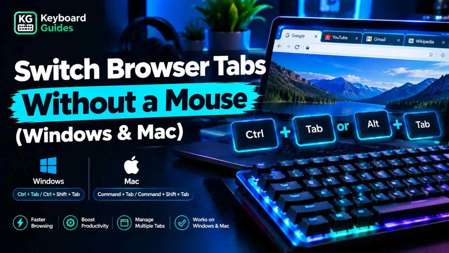 Switch browser tabs without a mouse on Windows and Mac using keyboard shortcuts, shown with a glowing RGB keyboard and browser tabs on a laptop.