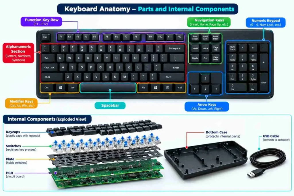 Labeled diagram of computer keyboard parts showing function keys, alphanumeric keys, modifier keys, navigation keys, arrow keys, numeric keypad, and internal keyboard components.
