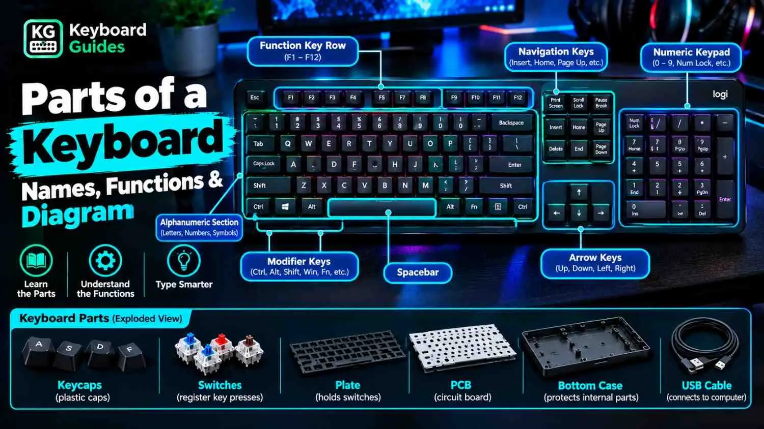 Parts of a keyboard diagram showing key names, functions, main keyboard sections, and internal components.