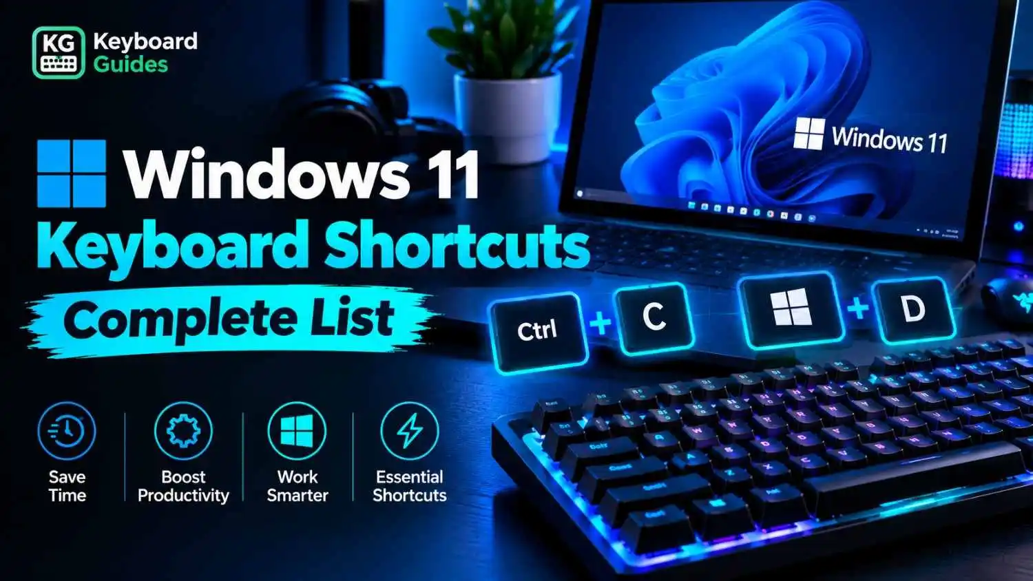 Windows 11 keyboard shortcuts complete list with Ctrl, Windows, and productivity shortcut keys on an RGB keyboard
