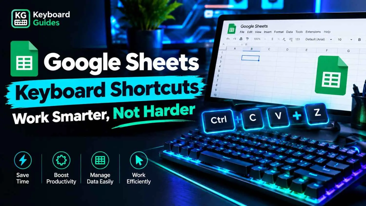Google Sheets keyboard shortcuts to work smarter, not harder, with essential shortcut keys displayed beside an RGB keyboard and spreadsheet.