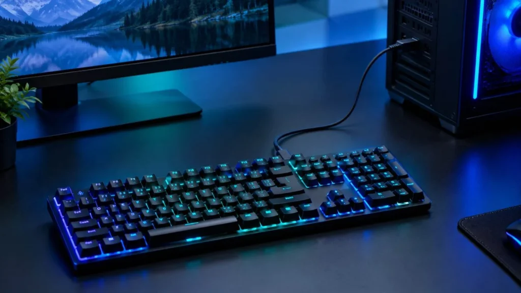 cinematic rgb gaming setup 100kbWired mechanical keyboard connected to a computer with a USB cable