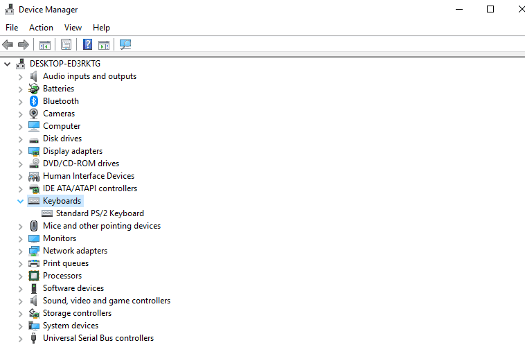device manager showing the keyboard driver under keyboards