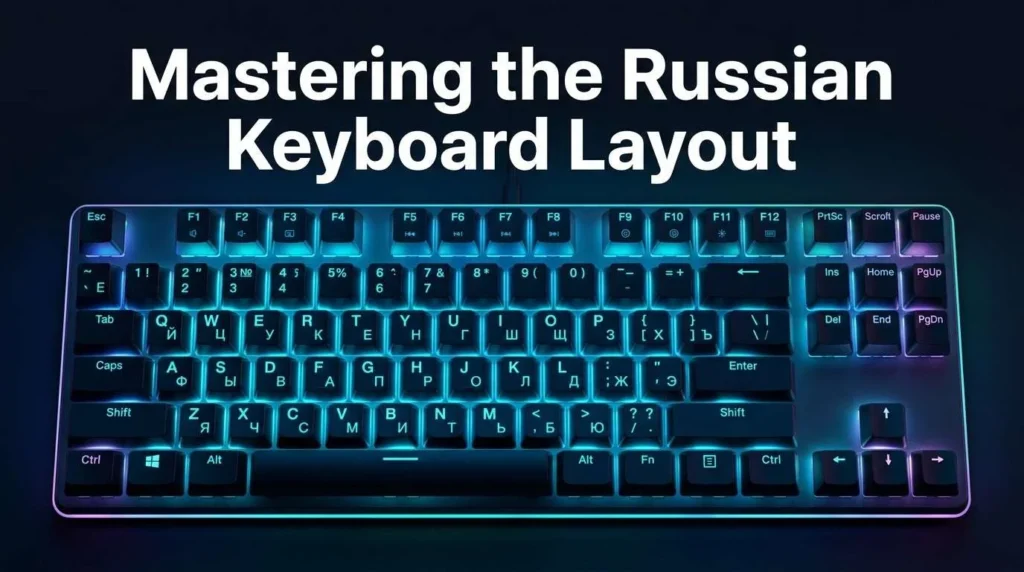 Modern gaming keyboard with dual Cyrillic and English keycaps illuminated in blue and cyan neon RGB lighting, featuring the text "Mastering the Russian Keyboard Layout".