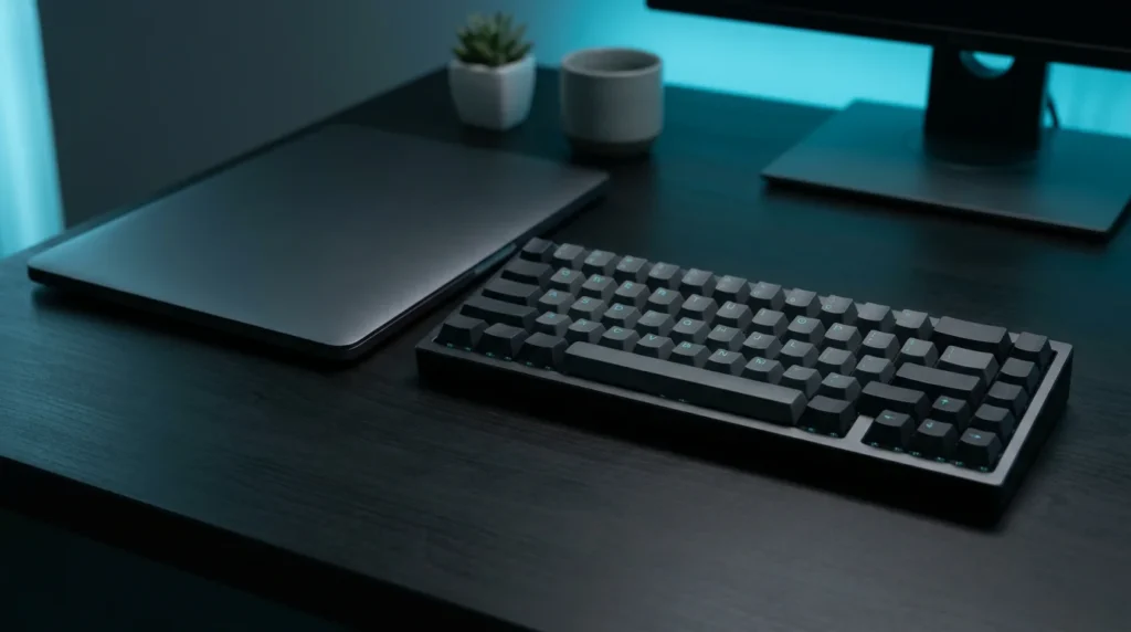 Wireless mechanical keyboard on a clean desk beside a laptop