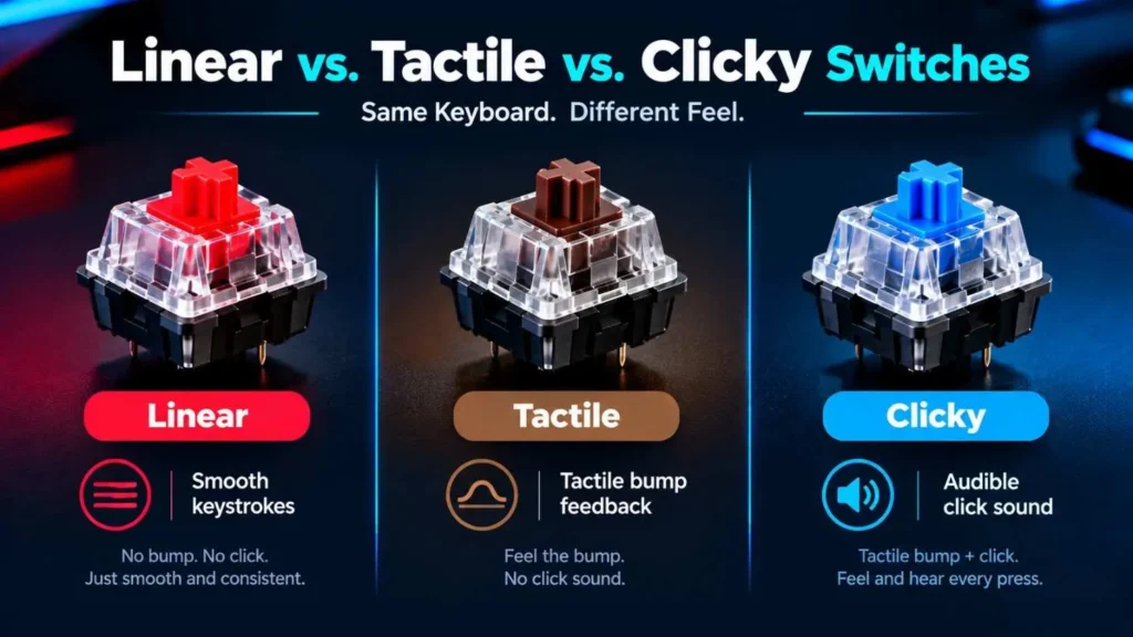 Linear vs. tactile vs. clicky switches comparison infographic showing red, brown, and blue mechanical keyboard switches with their different typing feels and feedback.