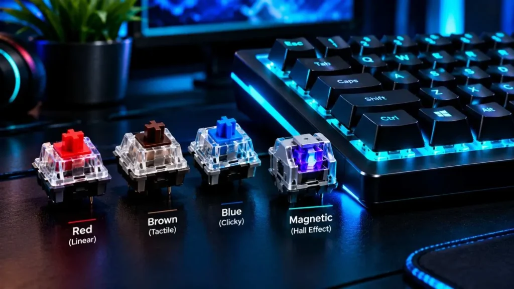 Best mechanical keyboard switches: red, brown, blue, and magnetic switches displayed beside an RGB mechanical keyboard with blue and cyan lighting.