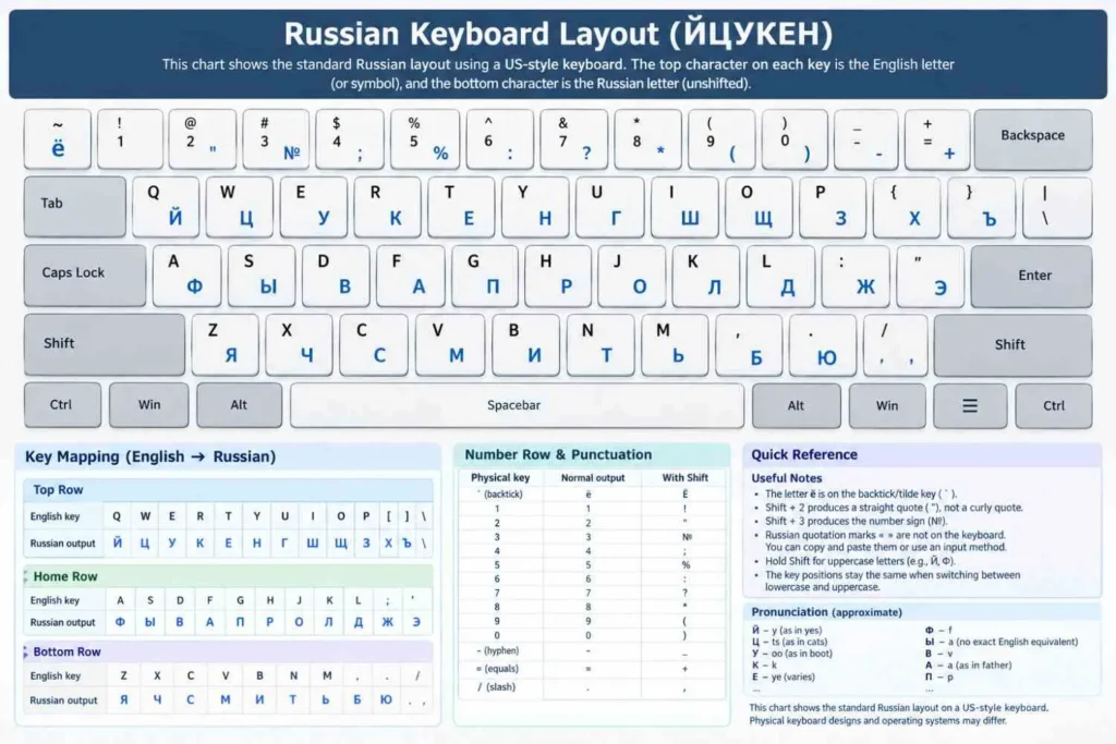 Russian keyboard layout chart showing the standard ЙЦУКЕН arrangement, English-to-Russian key mapping, number-row symbols, punctuation, and Russian letter pronunciation.