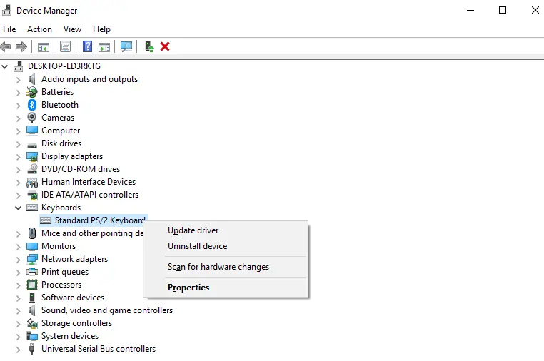 Windows Device Manager showing Standard PS/2 Keyboard driver update and uninstall options