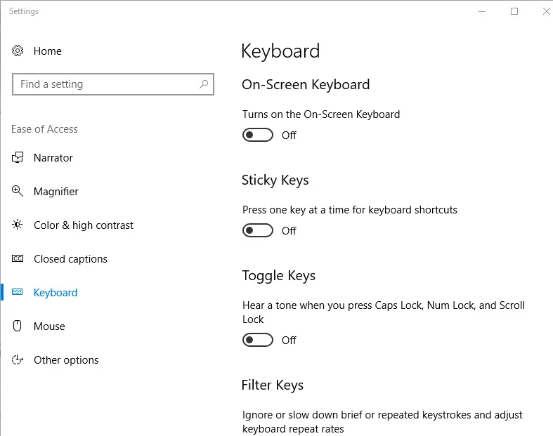 windows accessibility settings showing filter keys and sticky keys